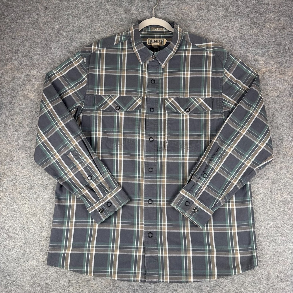 Duluth Trading Co Untucked Oysterous Flannel Plaid Shirt Gray Mens Large L